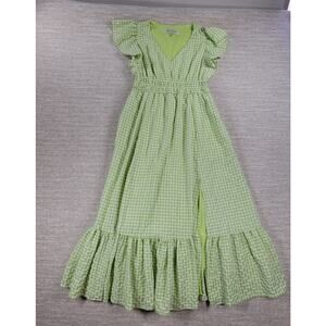 Taylor Gingham Dress Size 4 Green White Check Flounce Hem Slit Lined Cottagecore